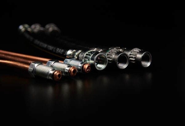 Brake Hoses and copper brake pipes on black background.